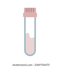 Ilustración plana vectorial aislada del tubo de ensayo de laboratorio con tapón. Vial con líquido o sangre. Ilustración de elementos de diagnóstico de laboratorio e investigación química