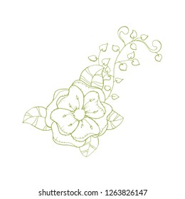 Isolated Vector Floral Branch Element for Coloring Book Pages. Antistress Flower with Leaves and Petals for your Craft Design