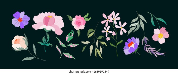 Isolated vector flowers. Set of different floral elements for logo, pattern, web and app design. Feminine vibrant wild roses, tree branches and field flowers.  Hand-drawn trendy illustration.