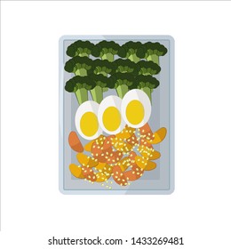 Isolated vector food images. Vegetable slices on a white rectangular plate. Green broccoli, egg halves, fried potatoes, sesame seeds. For icons in the menu websites. Vector