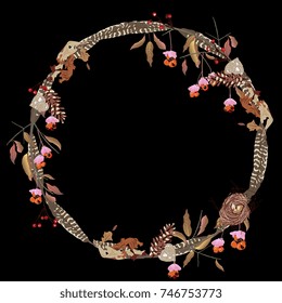 Isolated vector frame with autumn forest motifs. On black background. 