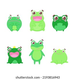 Isolated vector funny frogs, flat cute animals. Set of cartoon anurans amphibians. For printing, books, development and education of children.