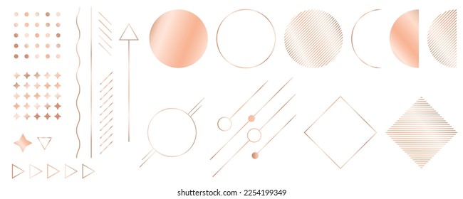 Isolated vector geometric elements decorated with pink gold gradient. Set of dots, stars, circles, lines and abstract shapes is perfect for cards, prints, posters and gift decoration