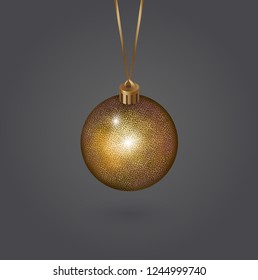 isolated vector, gold brilliant symbol, New Year's Christmas sphere, Christmas ornament. New Year's gift card, invitation, banner