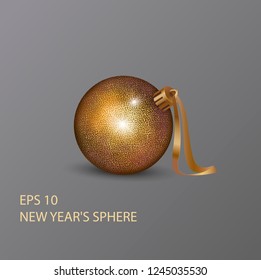 isolated vector, gold brilliant symbol, New Year's Christmas sphere, Christmas ornament. New Year's gift card, invitation, banner