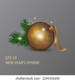 isolated vector, gold brilliant symbol, New Year's Christmas sphere, Christmas ornament and fir-tree. New Year's gift card, invitation, banner