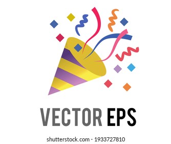 The isolated vector gold party popper icon with confetti and streamers for celebration, occasions such as new year's eve, christmas, birthday, wedding day, graduation, anniversary