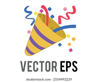 The isolated vector gold party popper flat icon with confetti and streamers for celebration, occasions such as new year's eve, christmas, birthday, wedding day, graduation, anniversary