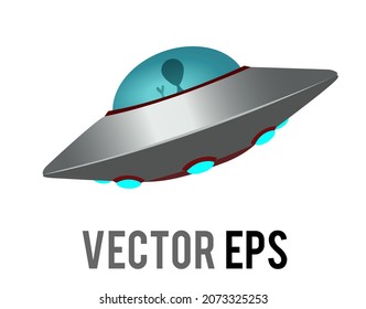 The isolated vector gradient silve UFO spaceship icon with alien