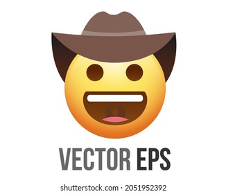 The isolated vector gradient yellow smiling face icon with brown leather cowboy hat and white teeth, may convey a sense of exuberance, whimsy, confidence, adventure, or other sentiments.
