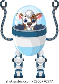 Isolated vector graphic of a baby cow operating a bipedal robot with mechanical arms.