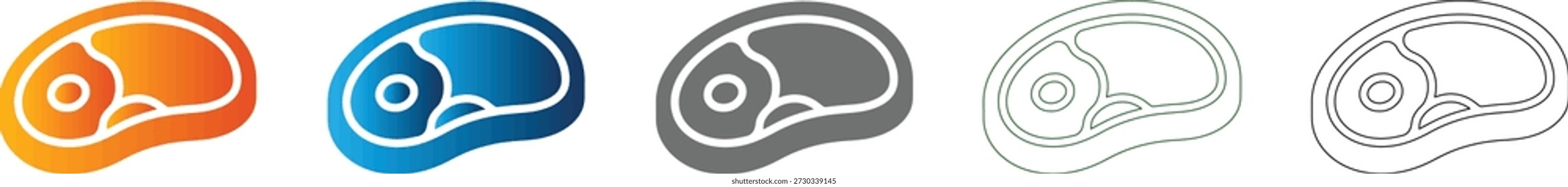 An isolated vector graphic depicting a steak piece, presented as a minimalist solid black flat icon, part of a versatile icon set.