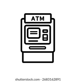 Eine einzelne Vektorgrafik zeigt einen Geldautomaten in Schwarz-Weiß, der Finanztransaktionen, Bankdienstleistungen und automatisierte Bargeldausgabe darstellt. Einfaches, sauberes, modernes Design.