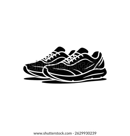Isolated vector graphic of a pair of black athletic shoes, showcasing the side view and laces, suitable for sportswear or fitness-related designs. Image emphasizes streamlined shoe design.