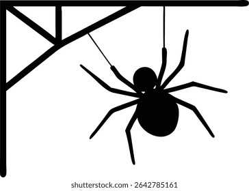 Isolated vector graphic showcasing a black spider silhouette dangling from a simple geometric shelf. Suspended by two strands, it presents a creepy and minimalist design.