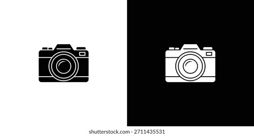 Gráfico de Vector aislado que muestra un ícono de cámara minimalista sobre fondos en blanco y negro contrastantes. Ideal para contenido relacionado con la Fotografía, que representa la simplicidad en el diseño.