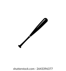 Isolated vector graphic shows a black baseball bat on white. Sports equipment icon, perfect for illustrating sports themes, baseball games, or athletic activities, clean and simple.