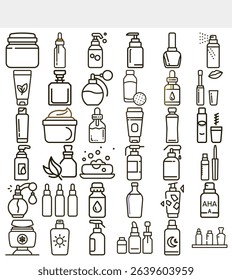 Isolated vector graphics depict line art icons for cosmetics. Various cosmetic containers and products include serum bottles, perfume dispensers, and makeup applicators on a white background.