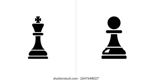 Isolated vector graphics showcase a black chess king with a cross and a black pawn, both centered against a stark white backdrop for clear representation.
