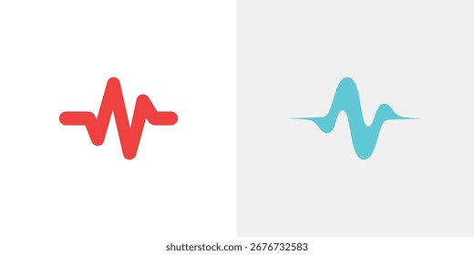 Gráficos vetoriais isolados exibindo uma forma de onda vermelha à esquerda e uma forma de onda azul-petróleo à direita, ambos exibidos contra um plano de fundo branco e limpo, com design minimalista.