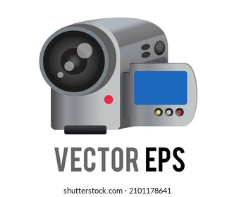 The isolated vector gray video digital camera, camcorder icon with selfie screen, control buttons and lens pointed left
