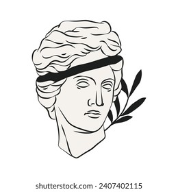 Isolated vector greek goddess head. Greece aphrodite face marble sculpture. Ancient athens statue art. Mythology woman monument. Antique female portrait. History and deities with olive branch clipart