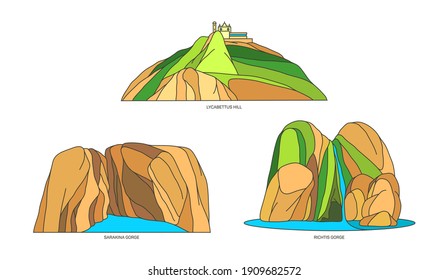 Isolated vector Greek natural monuments. Lycabettus mountain or Lycabettos, Lykabettos mount or Athen Lykavittos, Sarakina Gorge or Myrtos Canyon, Crete Richtis Gorge. Greece landscape. Europe