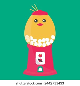 isolated vector greeting card. babys chick born illustration. cartoon cute sweet chocolate eggs surprise. creative and idea yellow bunny for ostern. concept happy easter holiday icon flat design art