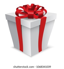 Isolated vector grey gift box with red ribbons and red bow. White background. Box with realistic shadow. Quality happy smile childhood cartoon template present opened opening sign symbol copyspace