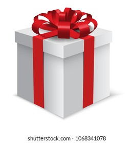 Isolated vector grey gift box with red ribbons and red bow. White background. Box with realistic shadow. Quality happy smile childhood cartoon template present opened opening sign symbol copyspace