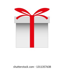 Isolated vector grey gift box with red ribbons and red bow. White background. Box with realistic shadow. Cartoon illustration.
