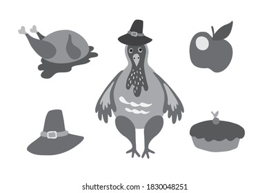 Isolated vector grey Thanksgiving day design set of cartoon turkey, apple, pie and a hat on white background. Can be used for cards, stickers, decorations, postcards, invitations, advertisements