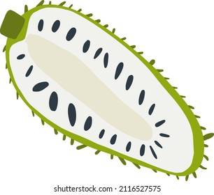 Medio vector aislado de fuentes verdes con semillas al estilo de dibujos animados. Concepto de frutas exóticas. Vegetariano, comida orgánica.