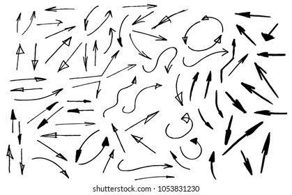 Isolated vector hand drawn arrows set on a white background. Set of arrow doodle on white background.