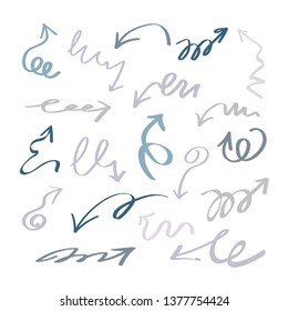 Isolated vector hand drawn arrows set on a white background. Doodle style arrows.