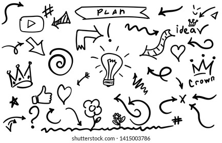 Isolated vector hand drawn arrows set. Vector crown logo. Hand drawn arrows graffiti sketch and signs collections. Arrows Black brush line isolated on white background.