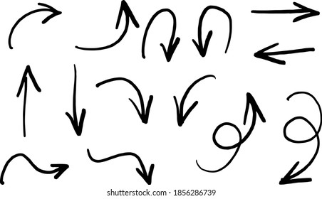 Isolated vector hand drawn arrows set on a white background. Arrows vector.