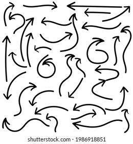 Isolated vector hand drawn arrows multidirectional on a white background.
