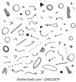 Isolated vector hand drawn arrows set on white background. Vector image.