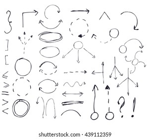 Isolated vector hand drawn arrows set on white background.