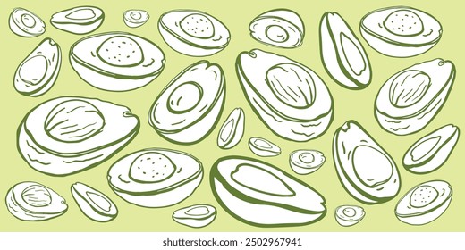 Isolated vector hand drawn avocado set. Whole avocado, halves, leaves. Cut. Botanical elements on a white background. Vintage style.	