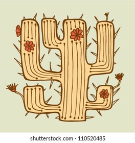 Isolated vector hand drawn cactus with flowers and thorns. Native element. Plant of desert. Can be used for print on pocket, cup, souvenir, bag template, clothes