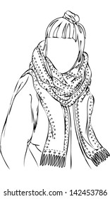 Isolated vector hand drawn illustration of a girl with hair tied up wearing a big chunky knit wooly scarf with patterns. Can be resized and colored in.  