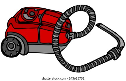 Isolated vector hand drawn illustration sketch of a red and grey vacuum cleaner hoover.  