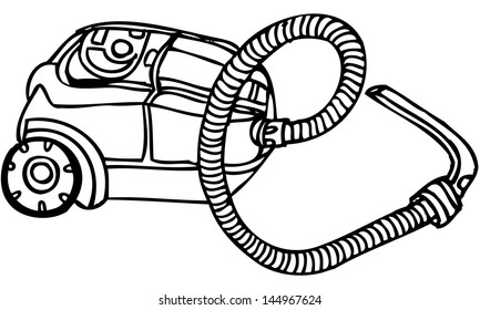 Isolated vector hand drawn illustration of a vacuum cleaner with wheels and a long tube. 