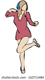 Isolated vector hand drawn illustration of a girl wearing headphones and a short dress dancing with one leg up 