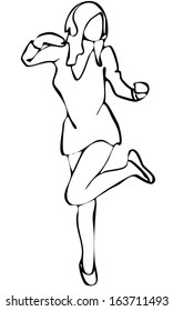 Isolated vector hand drawn illustration of a girl wearing headphones and a short dress dancing with one leg up 