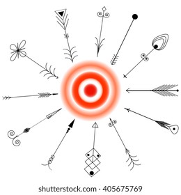 Isolated vector hand drawn tribal vintage retro arrows set