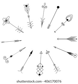 Isolated vector hand drawn tribal vintage retro arrows set