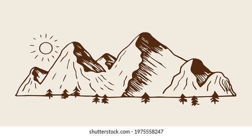 Isolated vector hand-drawn ink illustration in vintage retro free hand style. Mountains, hills, peak, sun, forest. Travel, tourism. Hatching. Shadow. Freedom. Stylish brown and beige graphics.